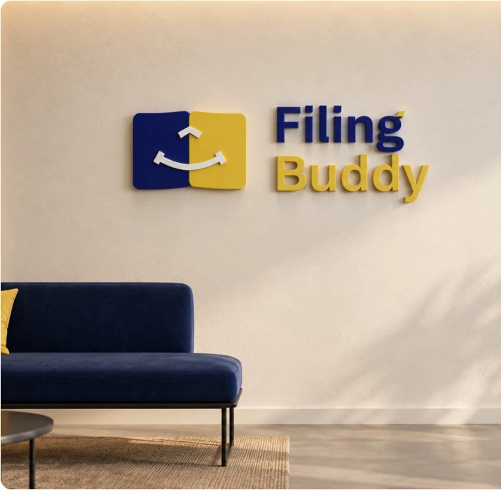 Filing Buddy logo on an office wall