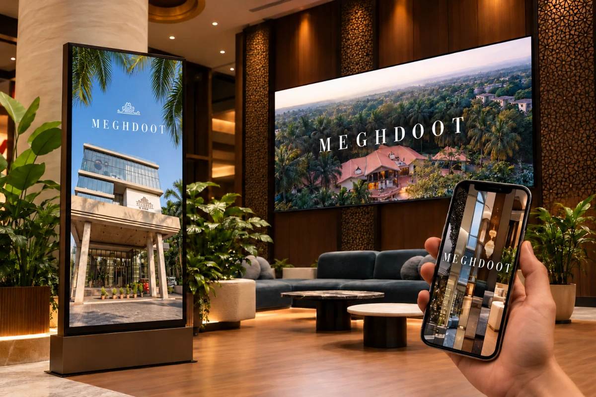 Meghdoot branding on in-lobby LED screens and mobile