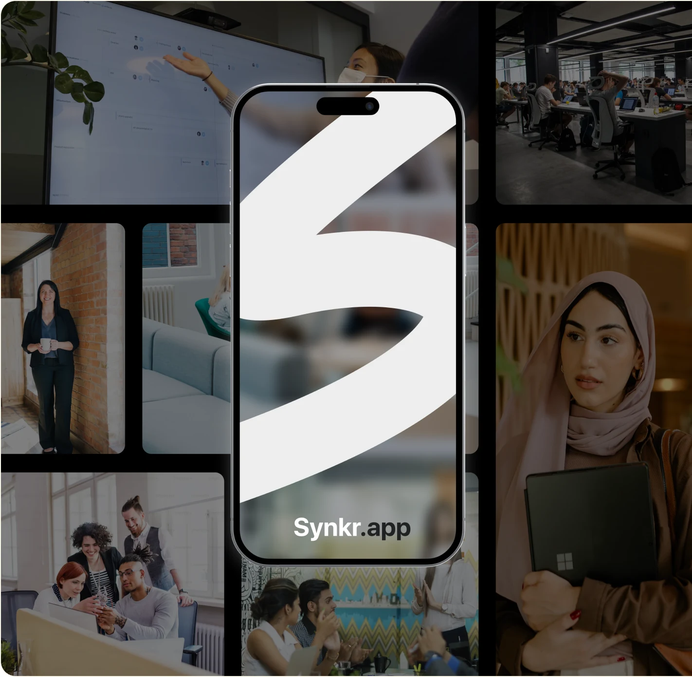Synkr app on a phone over candidate and workplace photos